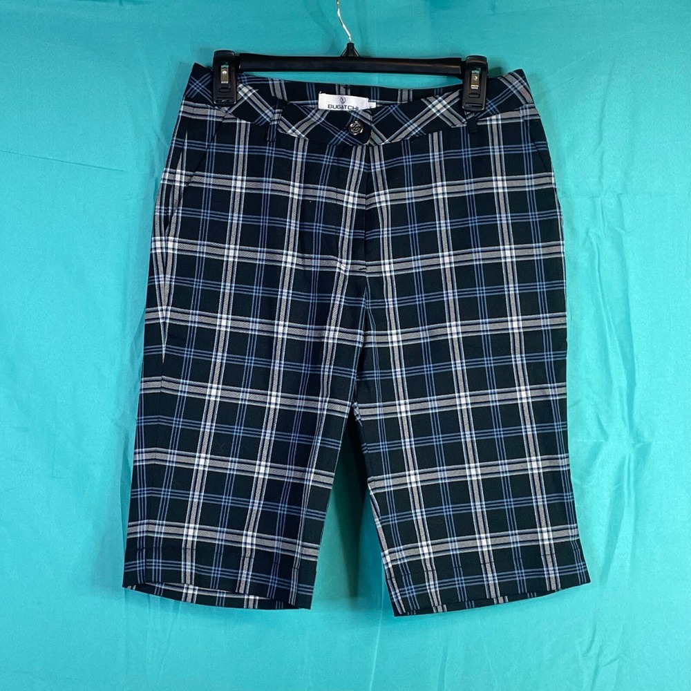 Bugatchi Women 6 Black Blue Plaid Bermuda Shorts Wool Blend Stretch Mid Rise